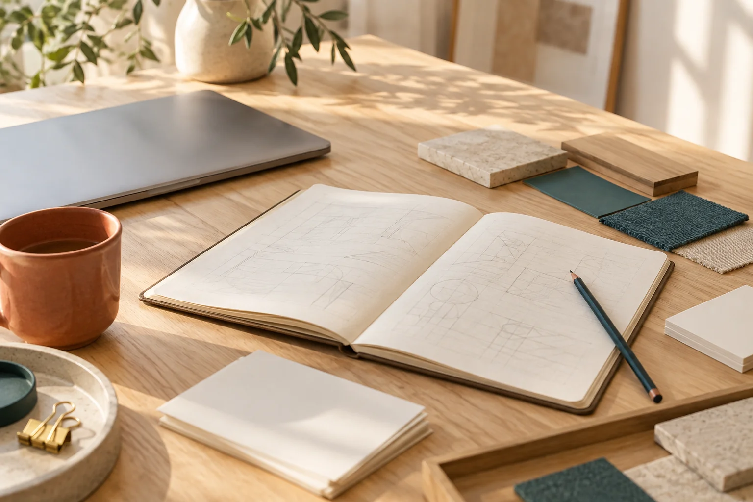 Ruhiger Arbeitsplatz mit Notizbuch, Laptop und einer Tasse aus Terrakotta.